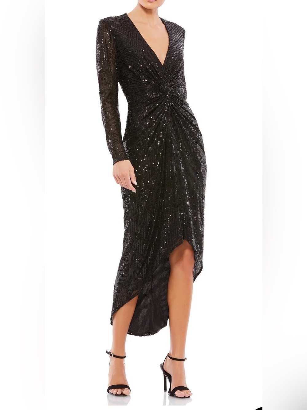 NWT Ieena for Mac Ducal Elegant Black Sequin High-Low Twist Dress